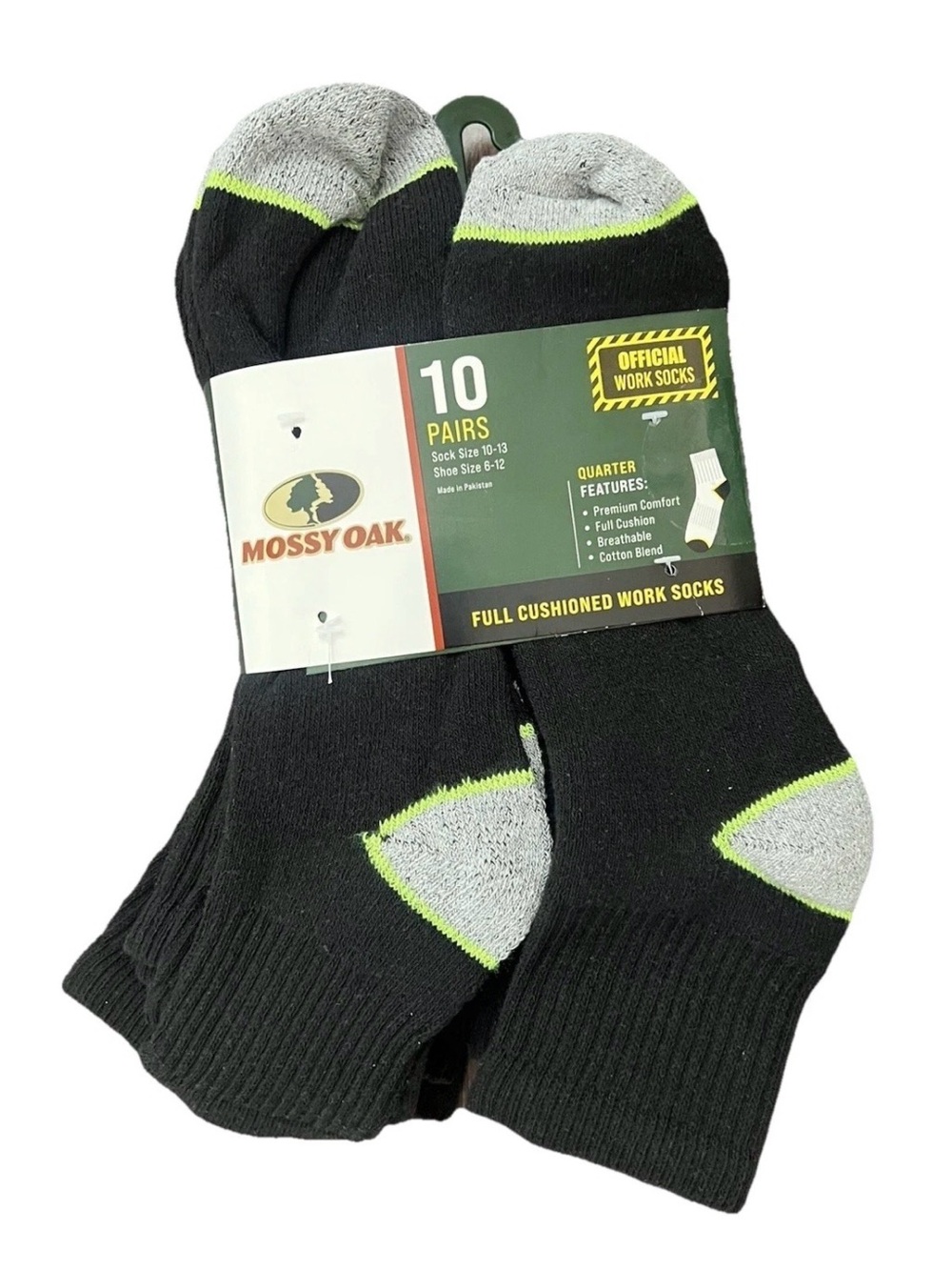 MOSSY OAK Mens Full Cushioned Quarter Work Socks 10 Pairs Shoe Size 6-12 BLACK